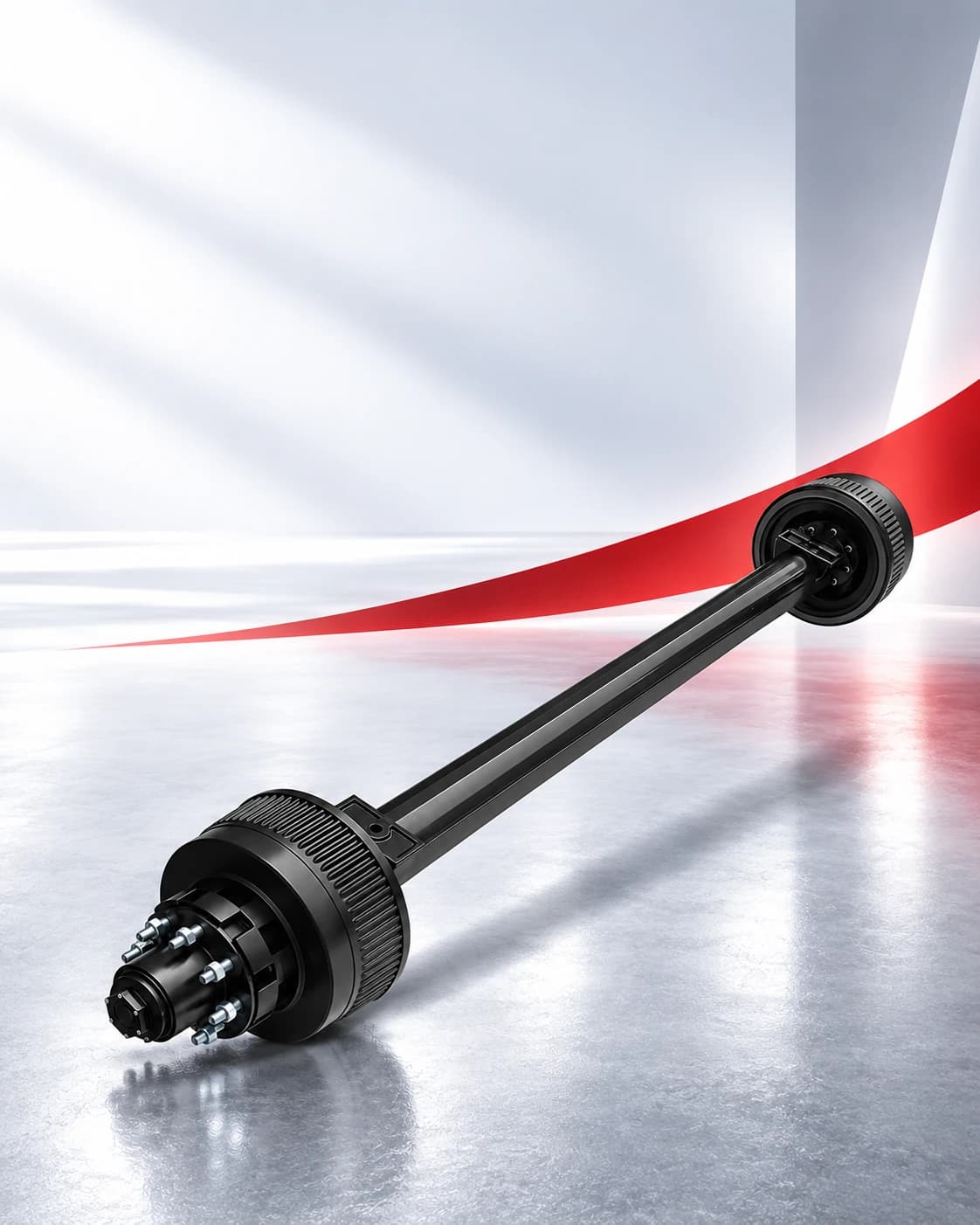 RUNHENG straight trailer axle assembly in a red and silver advertising composition