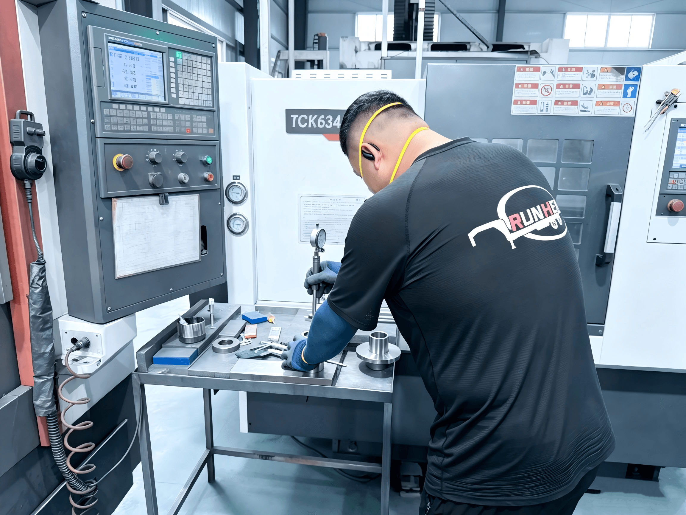 RUNHENG operator checking a machined component beside CNC equipment