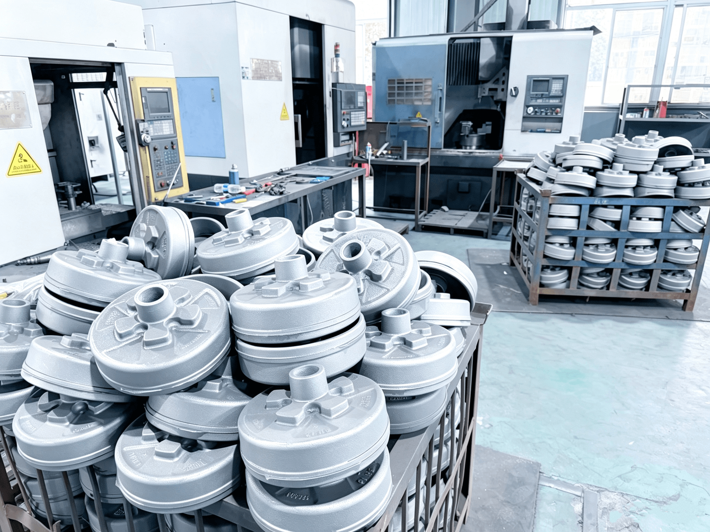 Machined axle and hub components staged and stacked before assembly