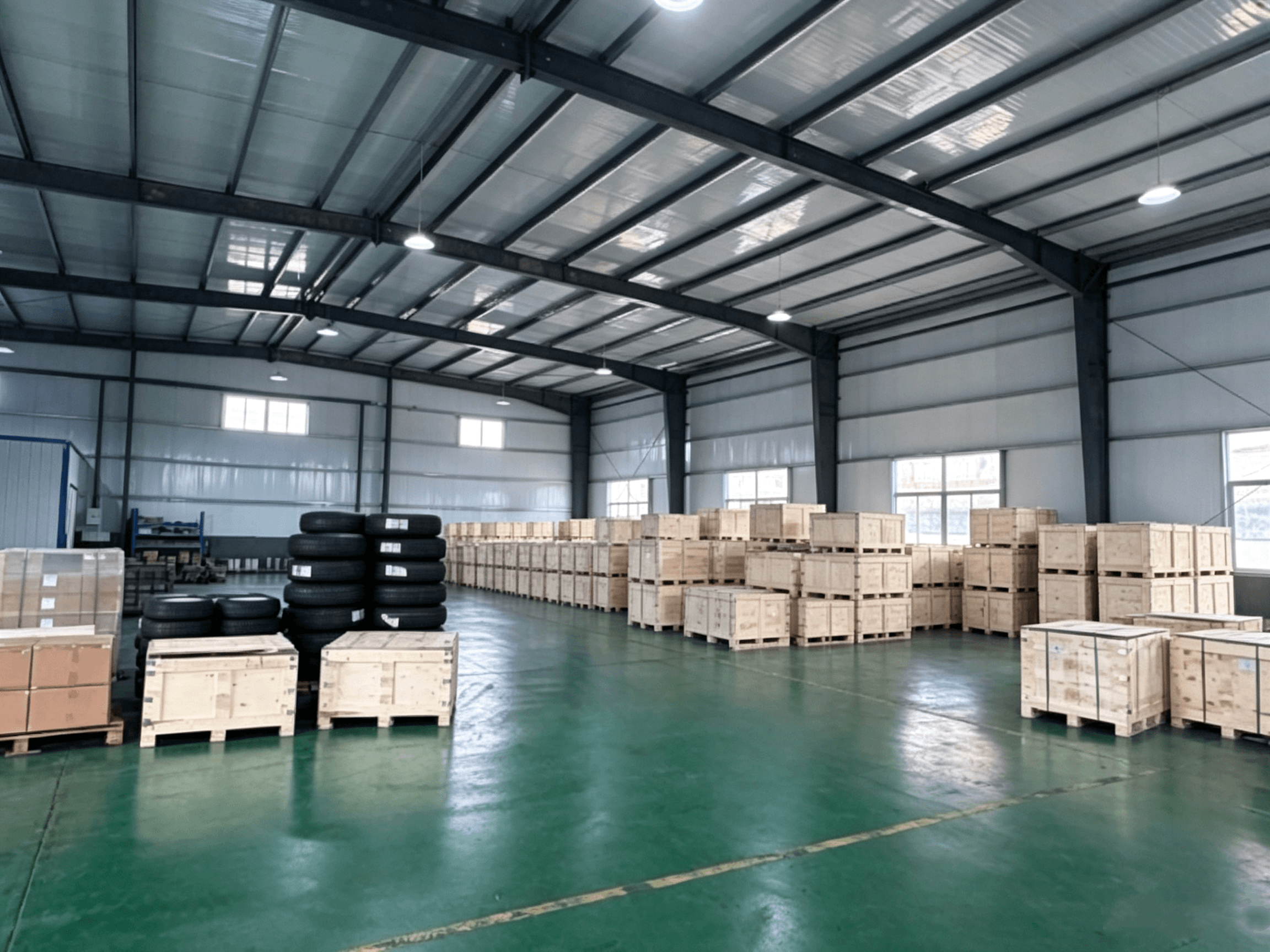 Rows of packed axle and component crates in the warehouse