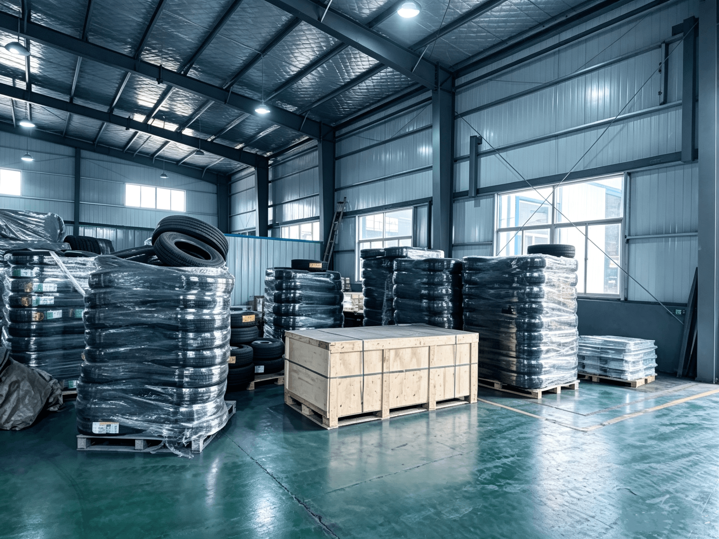Warehouse storage rows of tires and component crates